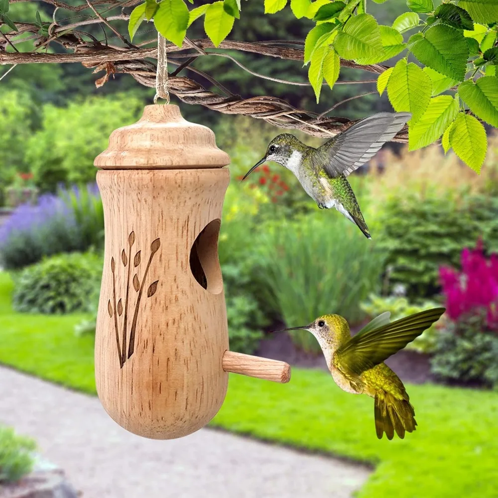 Aggiorna la casa del colibrì da appendere all\'aperto in legno colibrì, la casa del colibrì in legno nidificata all\'aperto, la finestra del giardino