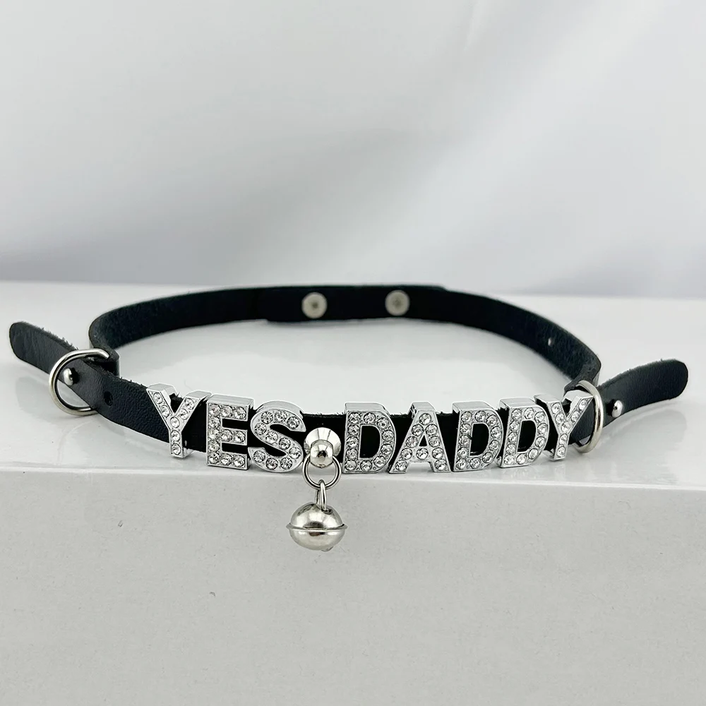 Bell Buckled Adjustable Leather Rhinestone Custom Letters Collar  Name Chocker Necklace Cosplay Jewelry Gift