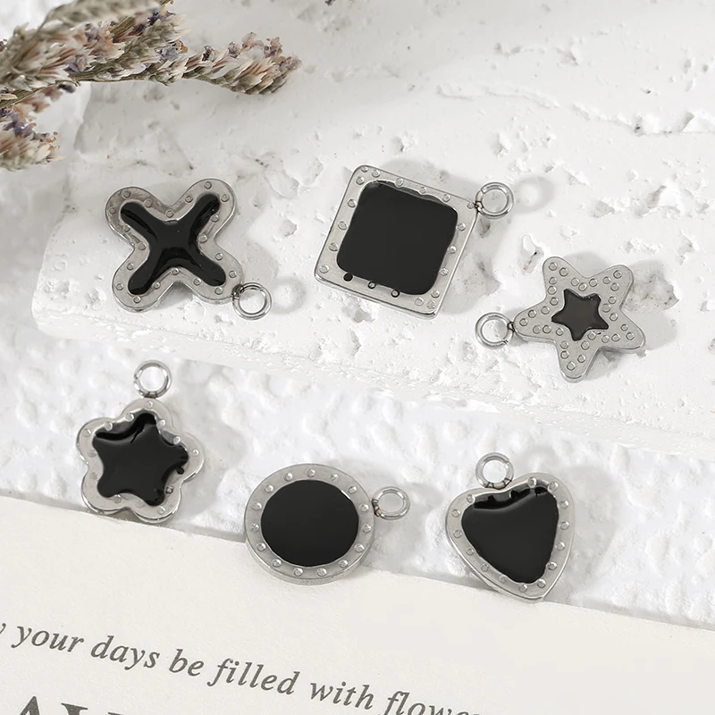 20pcs Stainless Steel Black Enamel Cross Heart Star Pendant Edge Dot Embossing Charm for DIY Necklace Earrings Jewelry Supplies