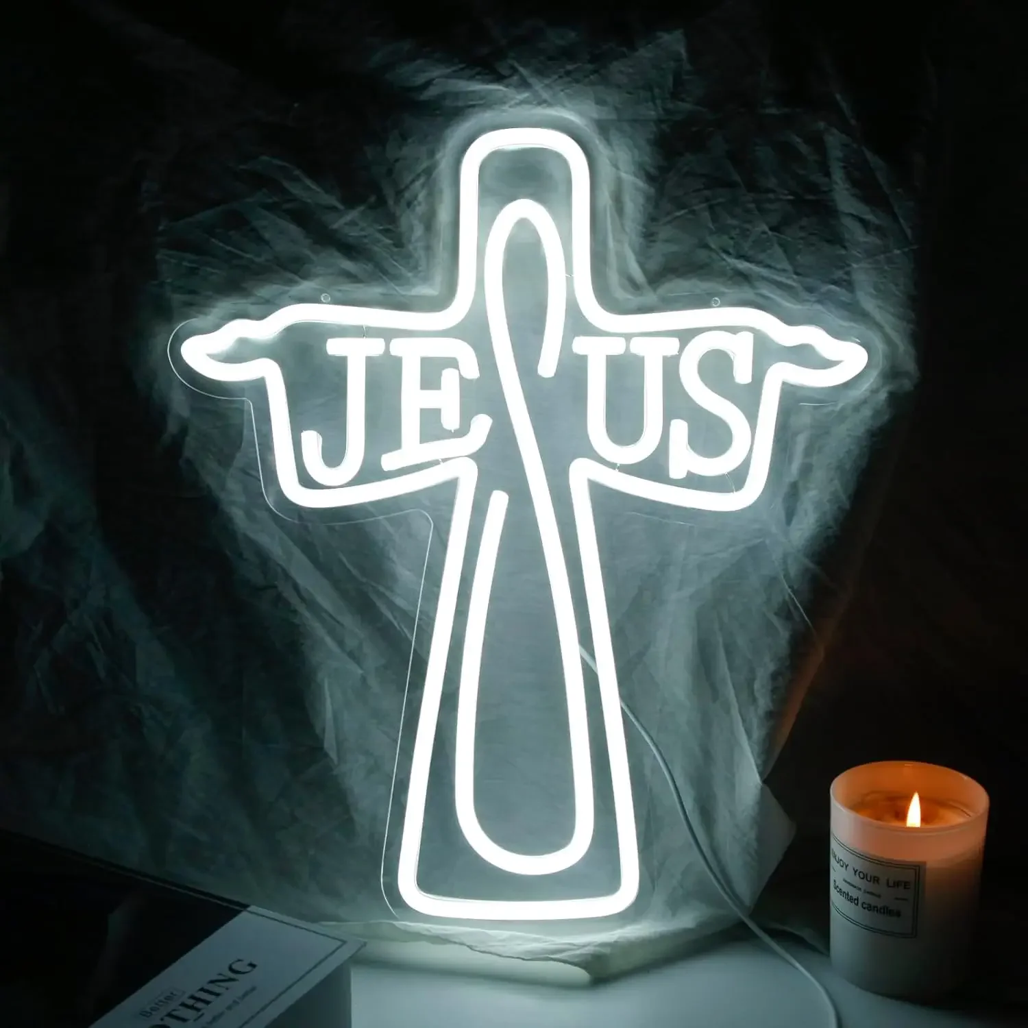 Jesus Cross Fish Neon Sign Dimmable USB LED Wall Lamp Chapel Faith Room Home Wall Decor Religious Gathering Church Opening Gift