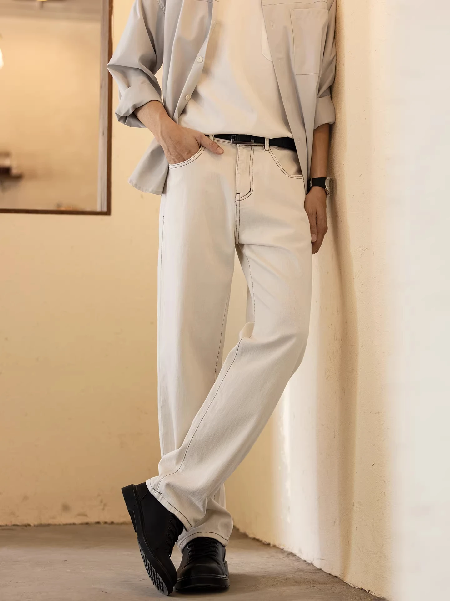

Men's Casual Elastic Straight Leg Jeans Khaki White Spring Autumn New Sle Busin Commute Versatile Comfortable Long Pants
