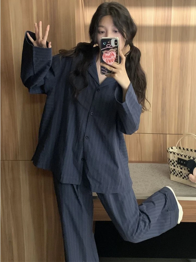 Pajama Sets Women Striped Daily Korean Style Cozy Leisure Home Wear Autumn Long-sleeve Ladies Loose Fashion Casual Basic Retro