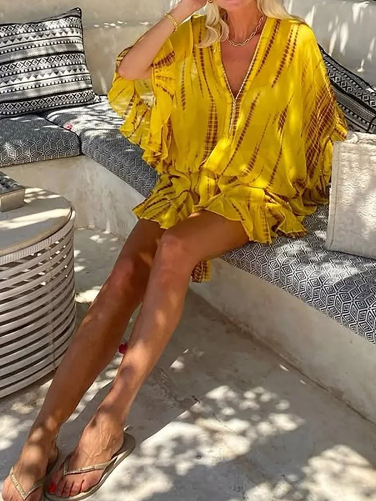 

Half Batwing Sleeve Fashion Mini Dress, Women Spring Summer V Neck Ruffles Party Dress, 2025 Print Patchwork Loose Ladies Dress