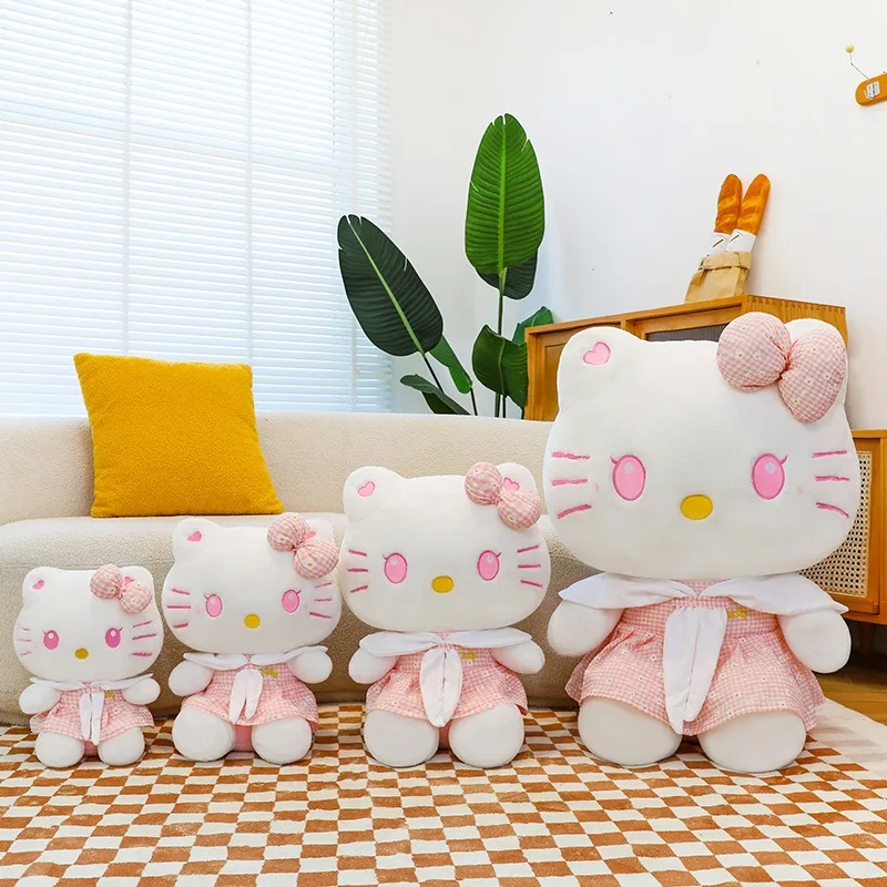 Sanrio Kawaii muñeco relleno de juguete lindo gato Hello Kitty en verano falda a cuadros niños regalo de cumpleaños niñas muñecas de peluche al por mayor
