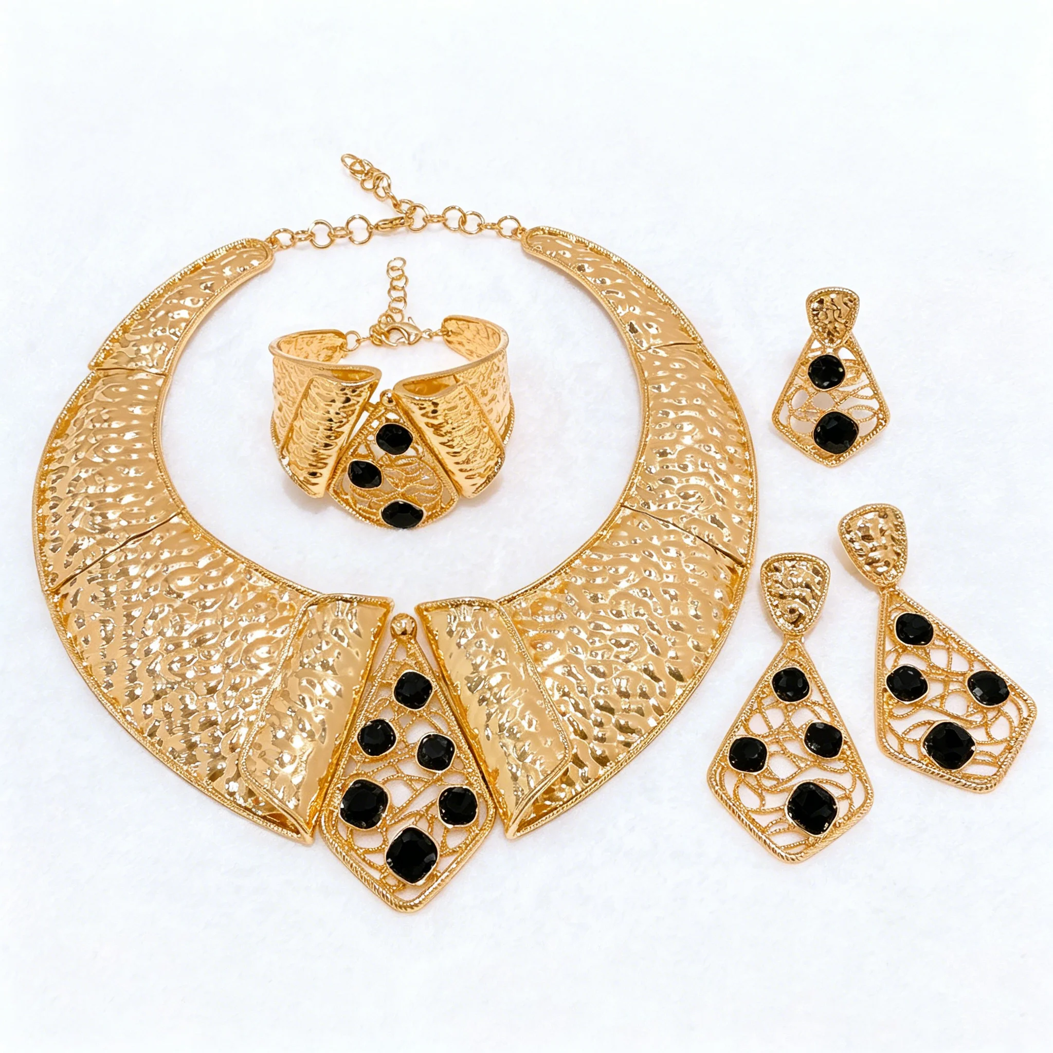 New Vintage Hammered Metal Black Crystal Statement Jewelry Set Women Collar Choker Cuff Bracelet Dangle Earrings African Wedding
