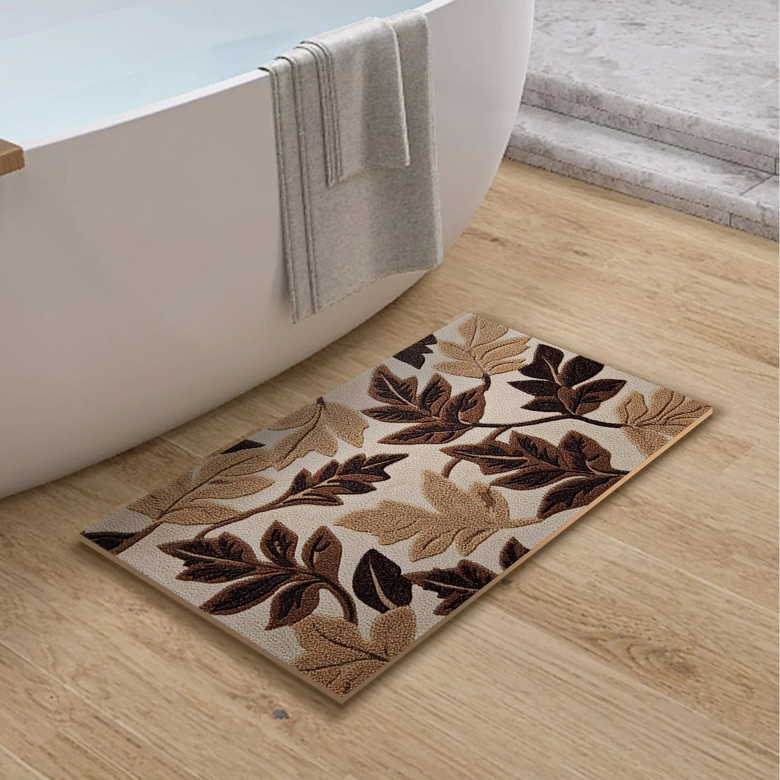 Leaf Print PU Leather Bath Mat Bathroom Rug Anti Slip Shower Carpet Foot Mat Super Absorbent Quick Dry Toilet Pad Washable