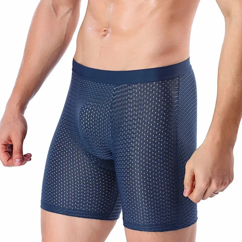 

2025 Boxers Briefs Man Ice Silk Shorts Underpants Male Large Size Men's Mesh Panties Breathable Long Boxer For Mens Underwear