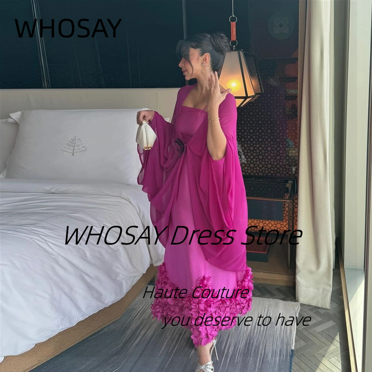 WHOSAY Saudi Arabia Prom Dresses Handmade Flowers Ankle Length Evening Party Dress with Wraps Robe Des Marrige