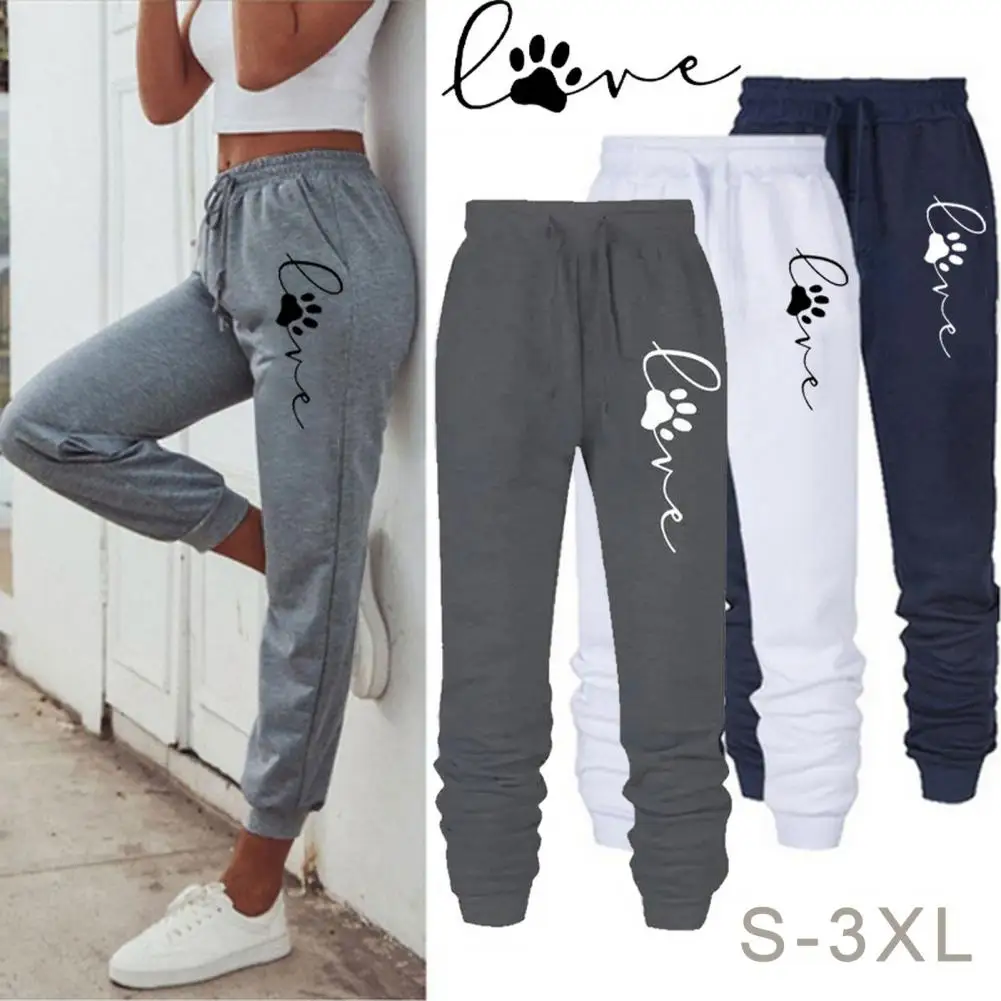 Women Sport Pants Cat Paw Drawstring Print Elastic Waist Ankle-banded Loose Breathable Jogging Exercise Long Trousers Sweatpants