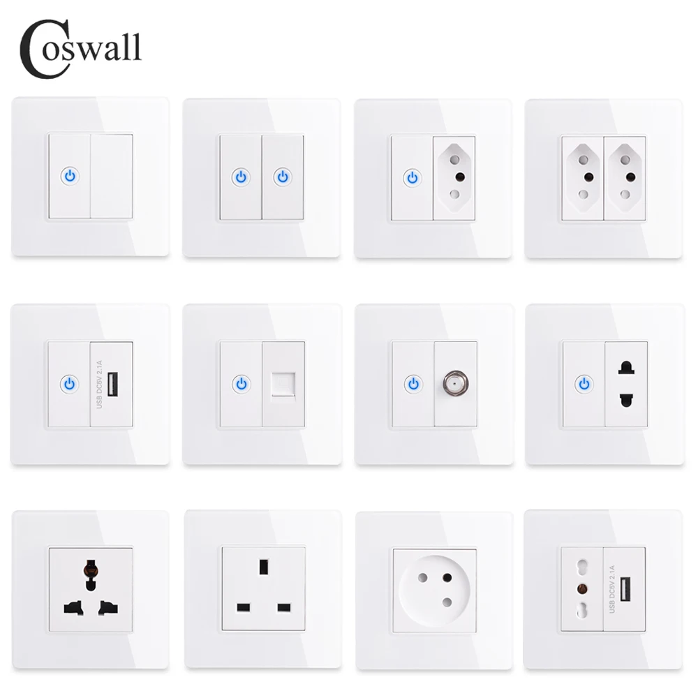 Panel Kaca Dinding EU Israel Italy Socket + WIFI Tuya Smart Switch + TV Internet Jack Type-c USB Charger Connector DIY Module