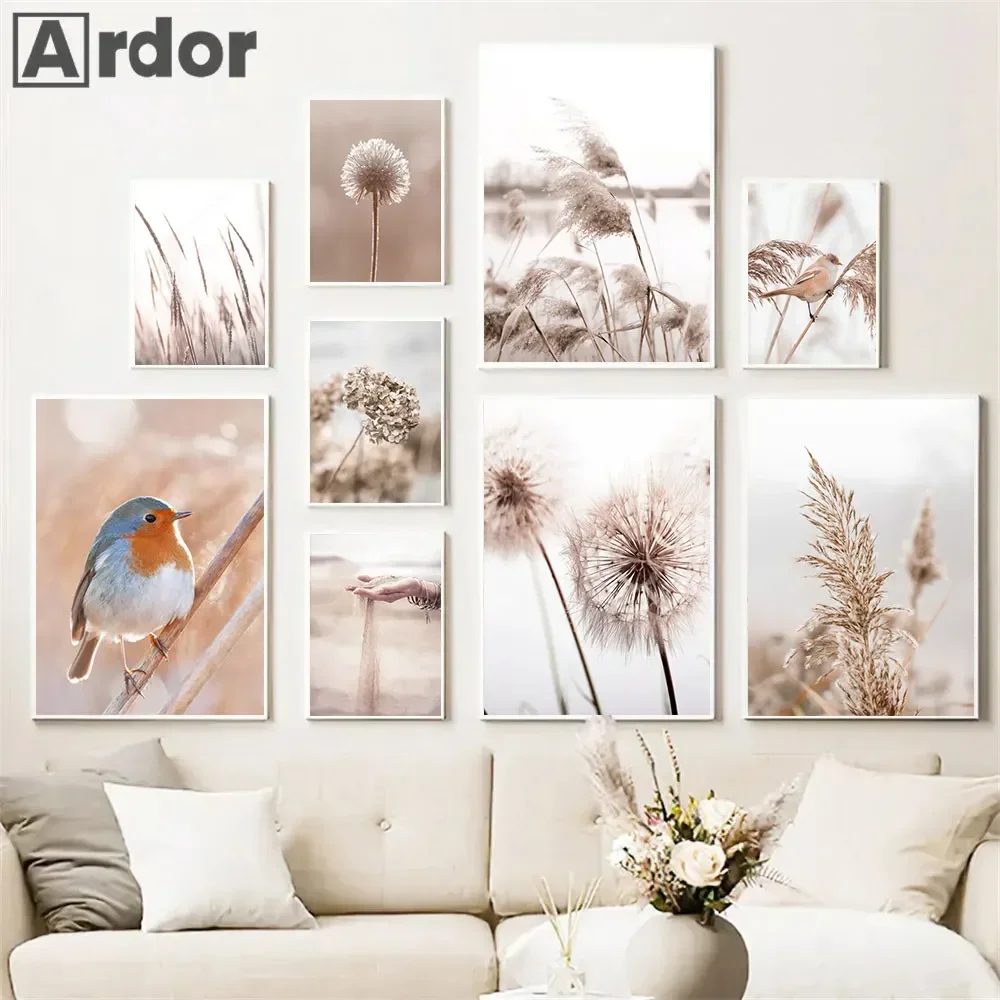 

Nordic Beige Dandelion Birds Reed Posters Wall Art Canvas Painting Plant Grass Print Pictures Modern Living Room Home Decoration