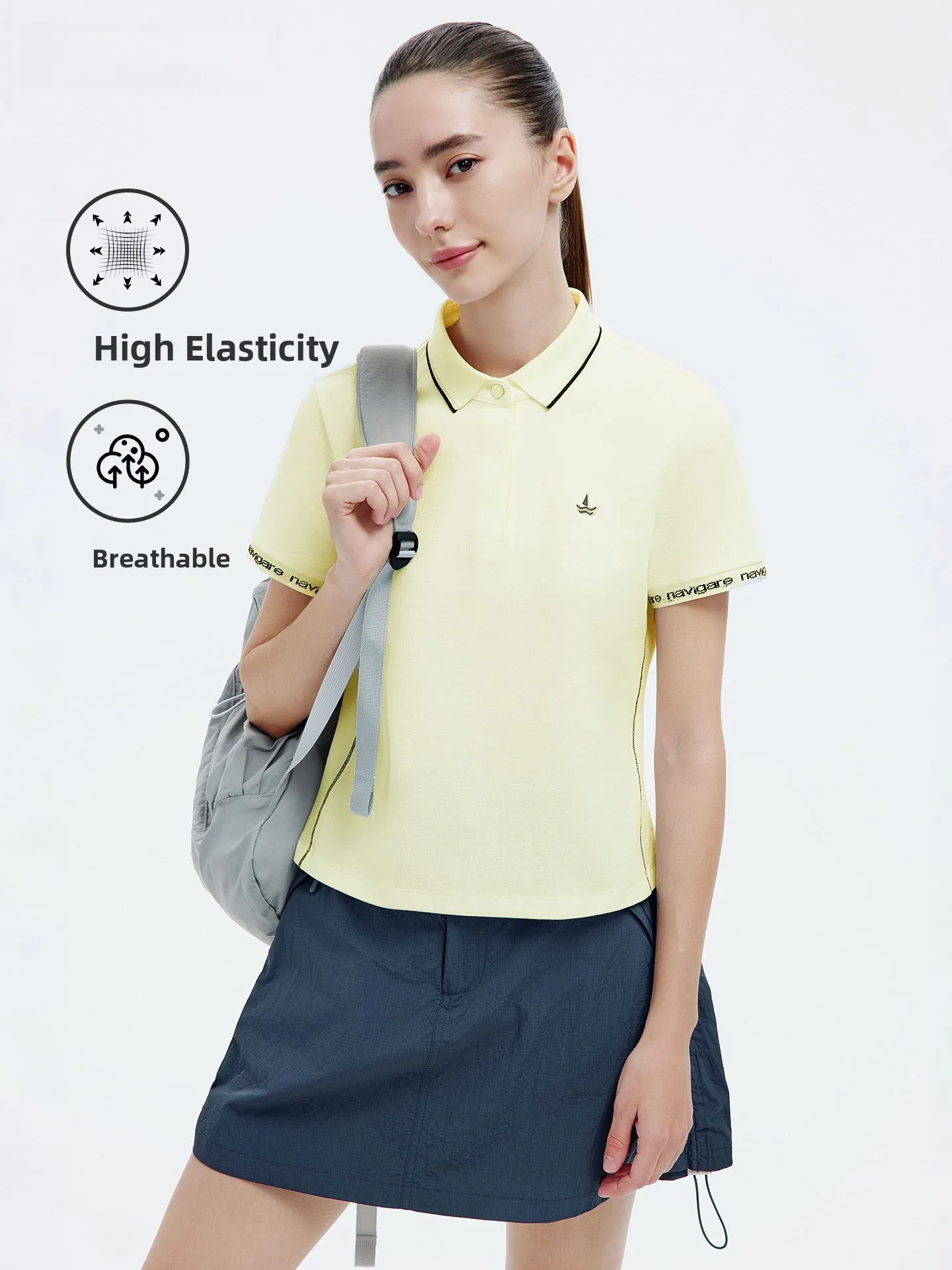 

Женская желтая футболка Navigare с коротким рукавом для активного отдыха, с отложным воротником, весна-лето, смесь хлопка и полиэстера