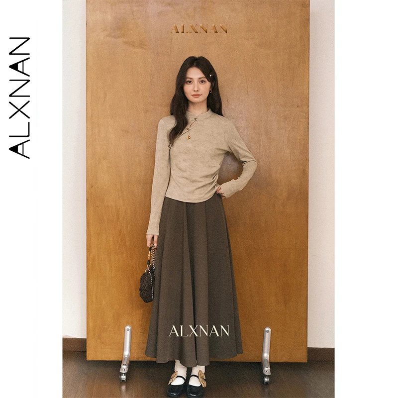 ALXNAN, camiseta para mujer, nuevas camisetas de manga larga de algodón de estilo chino, camisetas elegantes informales con diseño de hebilla de otoño para mujer L57266