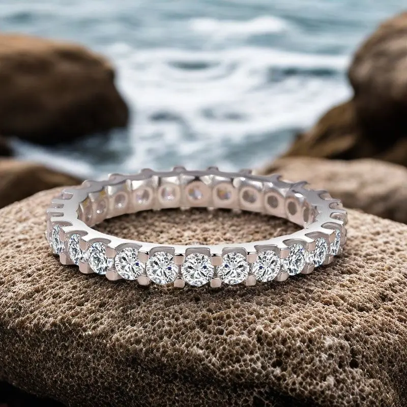 Full Zirconia Round Elegant Ring, European and American Bride Wedding Single Row, Thin and Shiny Attending Banquet Accessories