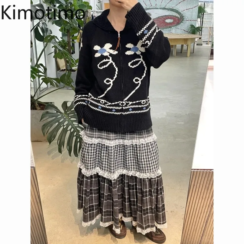

Kimotimo Vintage Plaid Lace Patchwork Cake Skirt Women 2025 Autumn High Waist A-line Long Skirts Fashion Versatile Y2k Faldas