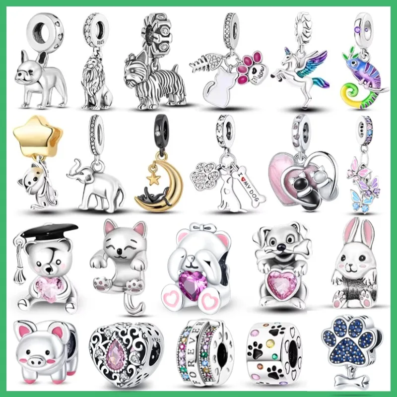 

Original 925 sterling silver cat heart hugging teddy bear footprint pendant beads suitable for DIY bracelet necklace making gift