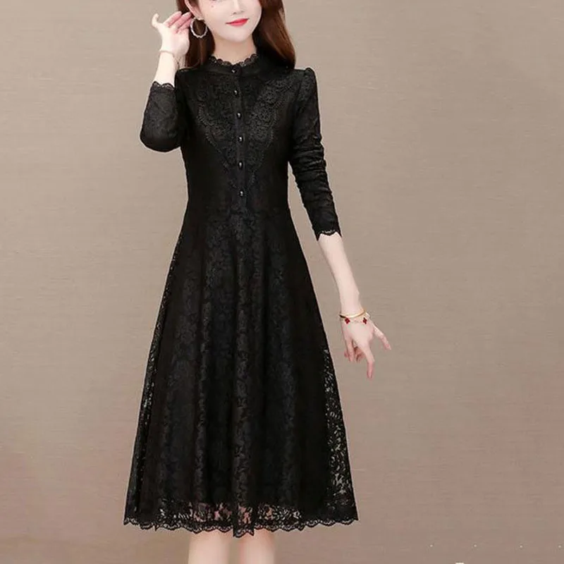 

2024 Winter New Women's Fashion Elegant Lace Half High Neck Solid Color Long Sleeve Plush Casual Commuter Versatile Dress