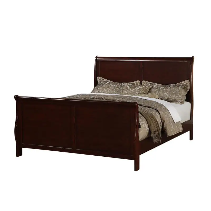 Modern Queen Size Bed Sleigh Design Headboard Footboard Plywood Bedframe Dark Cherry Color Louis Philippe Style Bedroom