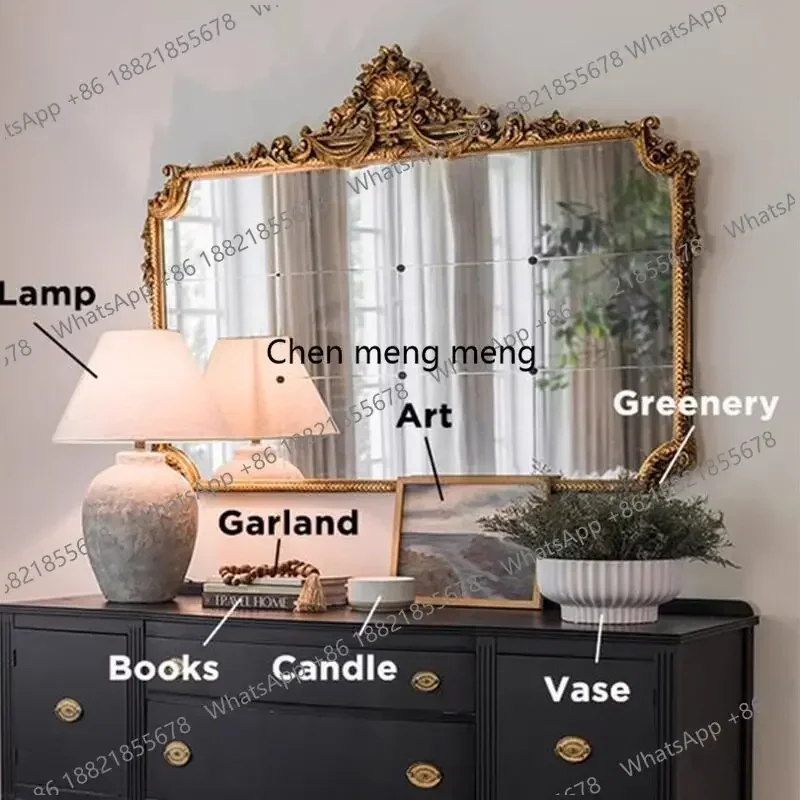 CC 45French bathroom mirror retro solid wood carving flower porch decorative wall hanging makeup mirror European mirror