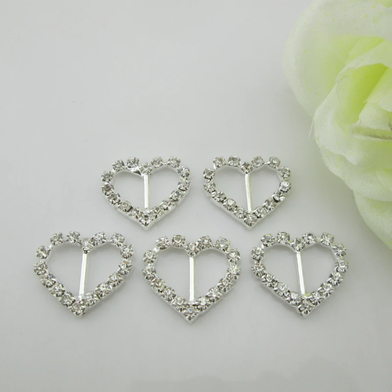 10pcs Heart Crystal Diamante Ribbon Slider Rhinestone Buckles 10mm