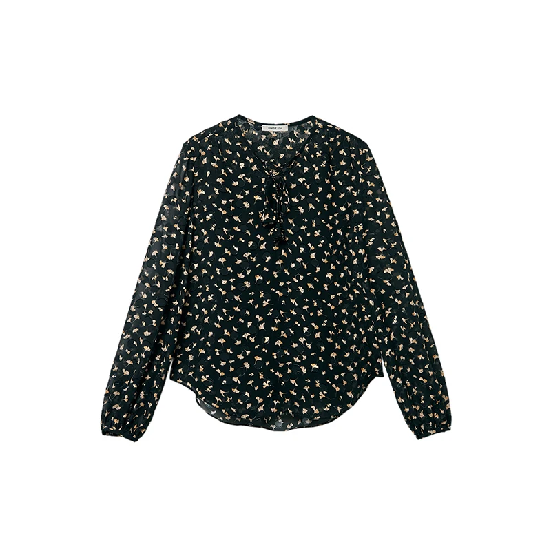 Spring 2026 Silk Bubble Sleeve Shirt Embroidered Floral Drapey V-Neck Tie Waist French Style Loose Fit Women's Premium Shirt