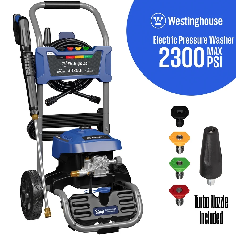 

2300 PSI Electric Pressure Washer 1.76 GPM Heavy Duty with 5 Nozzle Tips Soap Tank 25ft Hose Durable Wheels Home Cleaning