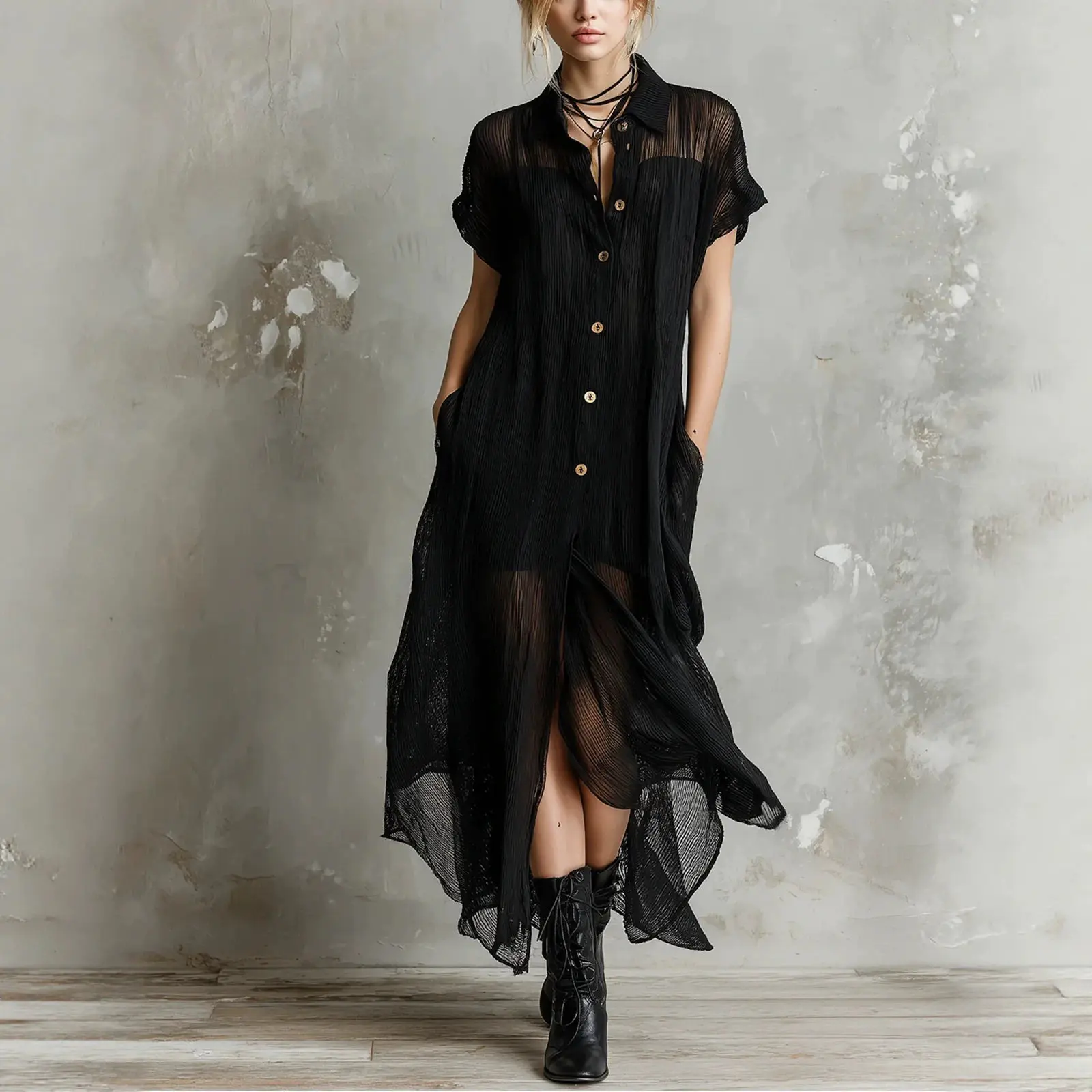 

2026 Summer Turn-down Collar Button Shirt Dress Woman Casual Loose Long Dress Short Sleeve Beach Vacation Dress With Pocket
