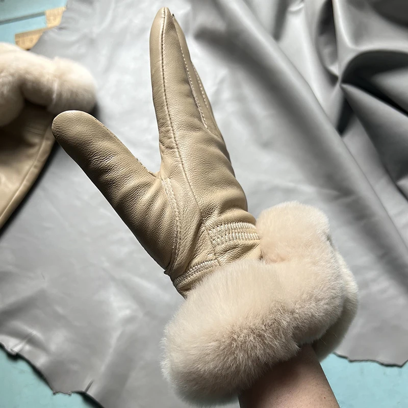 Autumn winter women's genuine leather gloves 100% real rex rabbit fur genuine sheepskin mittens black red blue pink
