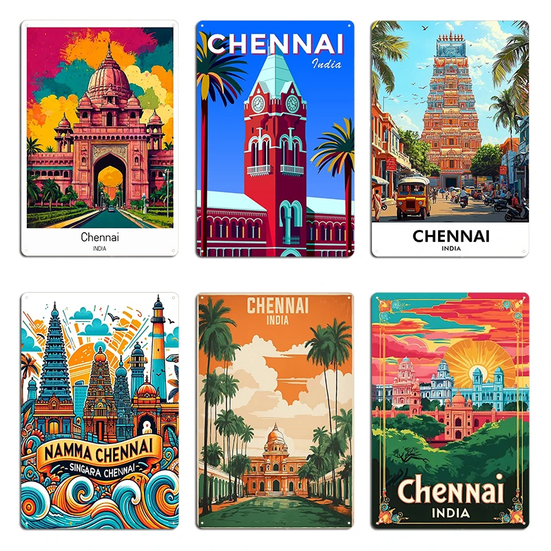 Chennai India Starry Night Vintage Travel Tourism Metal Sign Design Wall Mural Decoration Create Chennai Tin Sign Poster