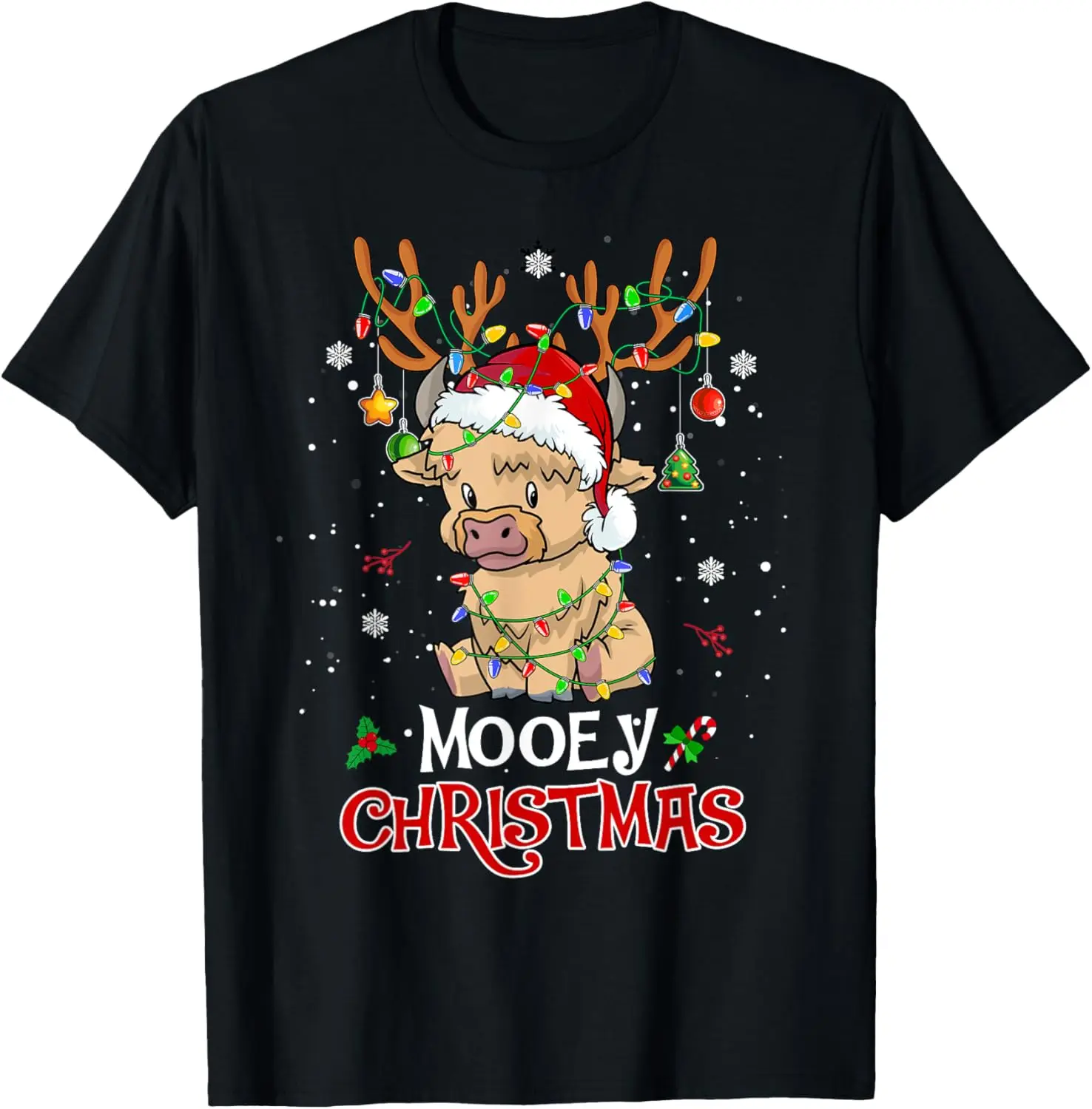 

Mooey Christmas Tshirt Highland Cow Xmas Light Santa Hat T-Shirt