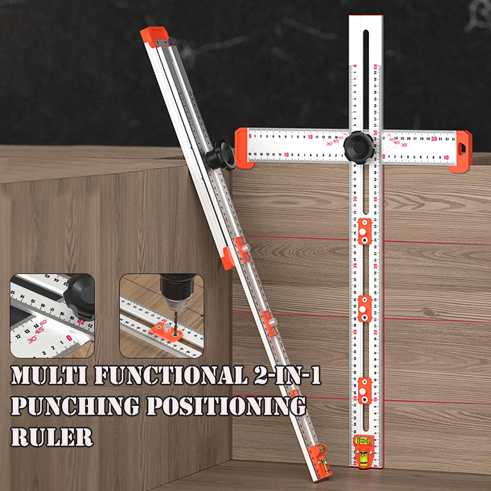 2-in-1 T-Square Drilling Positioning Ruler Combination Angle Ruler High Accurates Measuring Ruler for Woodworking Installation