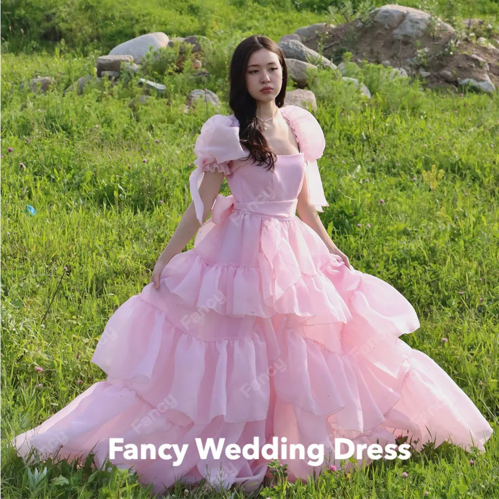 

Fancy Fairy Korea Square Neck Evening Dress Garden Photo Shoot Short Sleeves A Line Birthday Party Dress Organza Formal Dresses