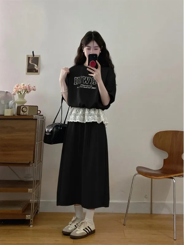 

Elegant Lace Splice round Neck Short Sleeve Slimming High Waist Half Body Skirt And Top Set for Women Summer Fashion Ensemble