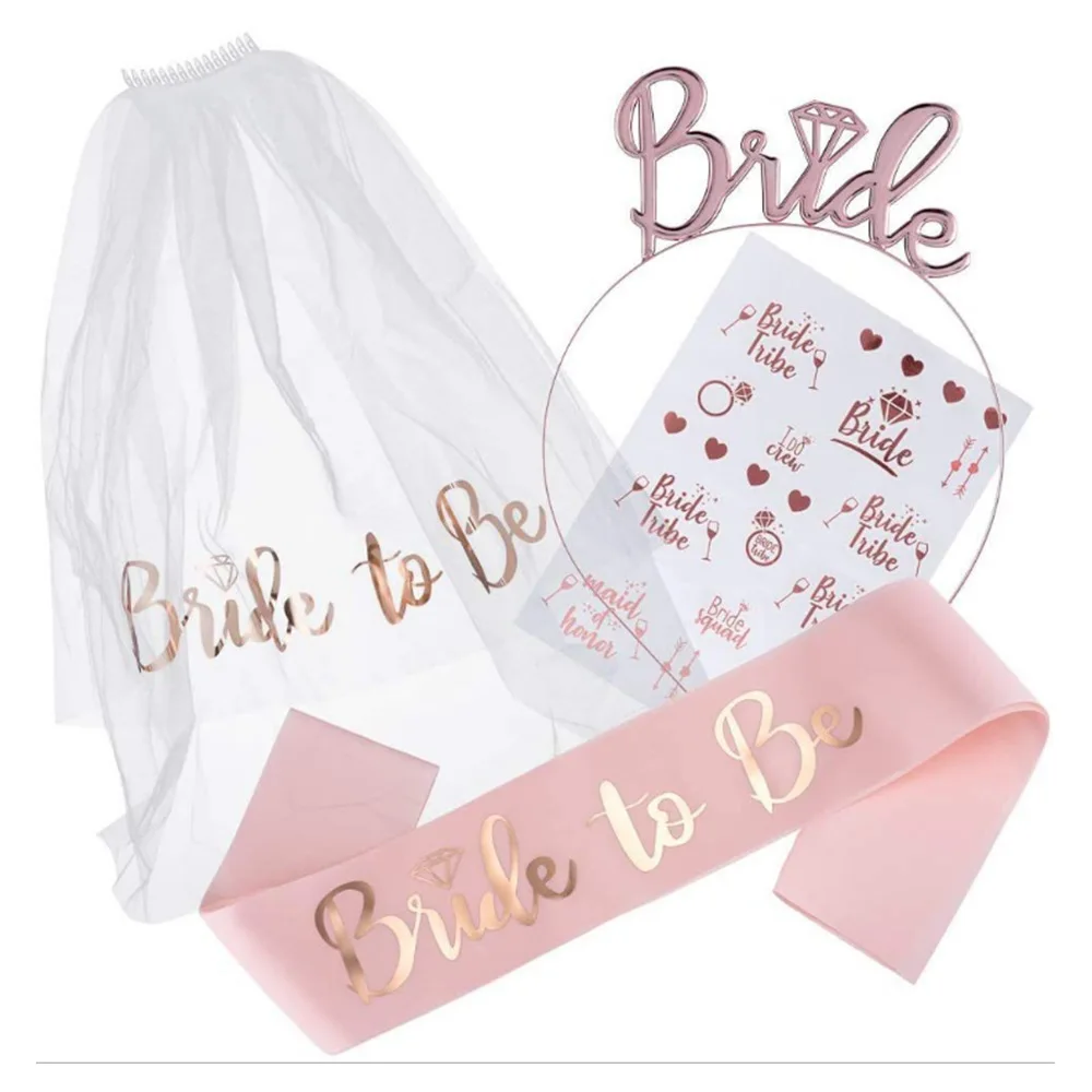 1Set Bride To Be Veil Satin Sash Hiarband Bridal Shower Wedding Decorations Tattoo Stickers Hen Bachelorette Party Supplies