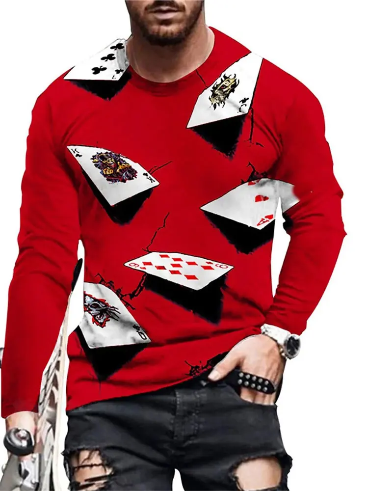 Men's 3D Poker Cards Long Sleeve T-Shirt Red Playing Card Graphic Tee Streetwear Casual Pullover Tops Gift New Fashion 2026