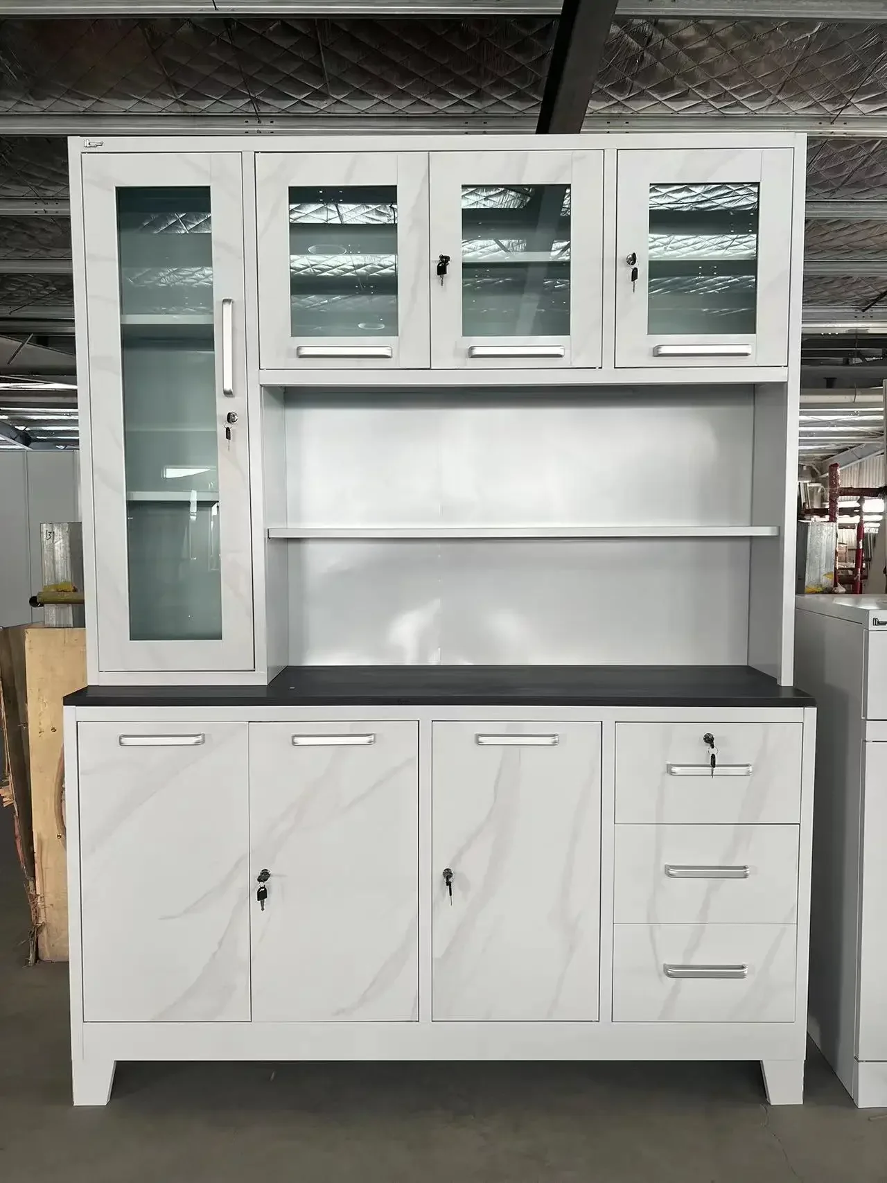 Kitchen Steel Cabinet Household Storage with Glass Door Kitchen Metal Cabinet Drawer Unit Furniture