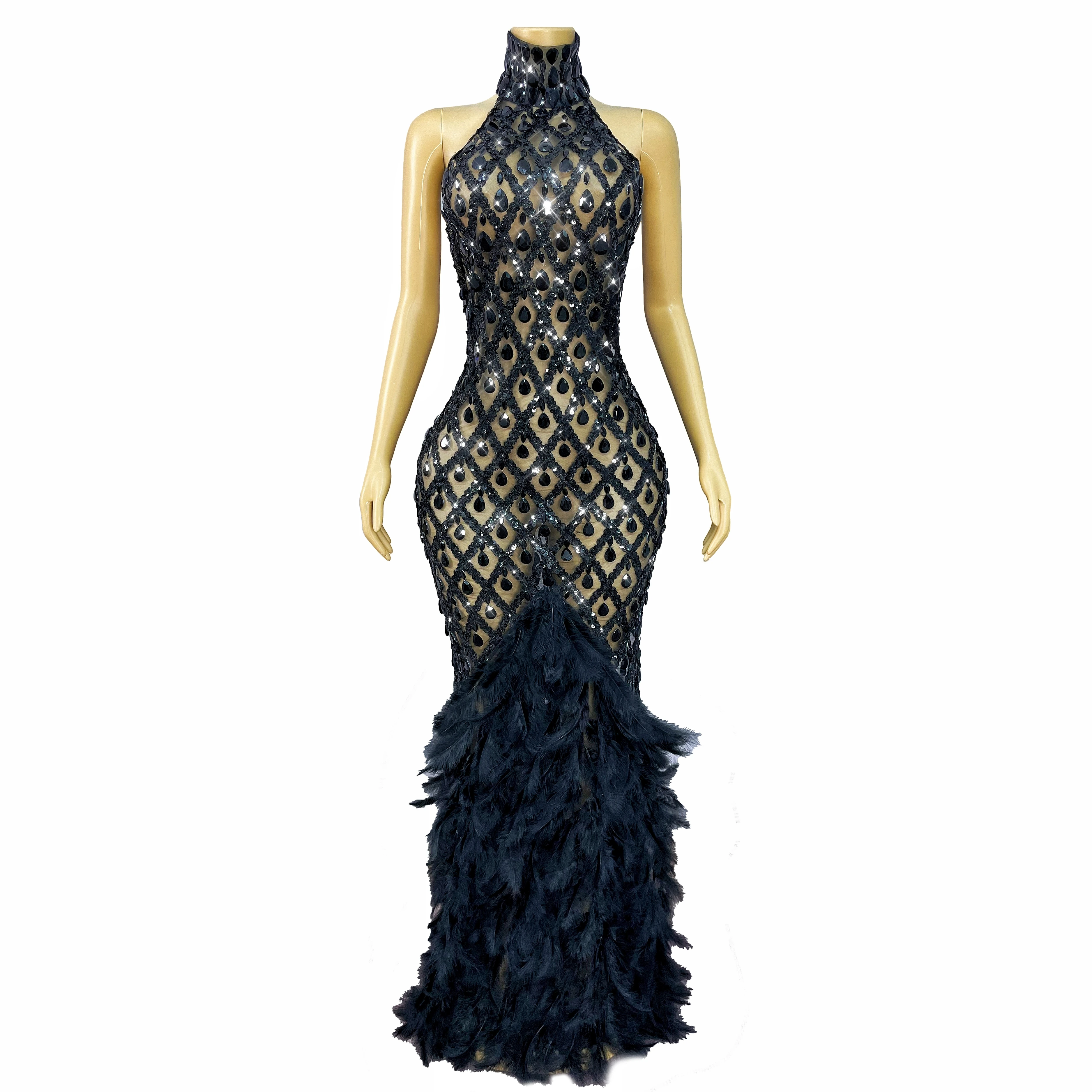 Luxurious Handmade Sparkly Rhinestones Feather Transparent Mesh Dress Evening Party Gown Fashion Show Stage Outfit Shaokaojia