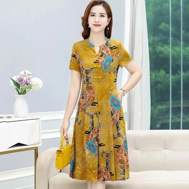 

Elegant V-Neck Button Pockets Spliced Printed Vintage Dress Women's Clothing Summer New Loose Office Lady Ladies Dresses