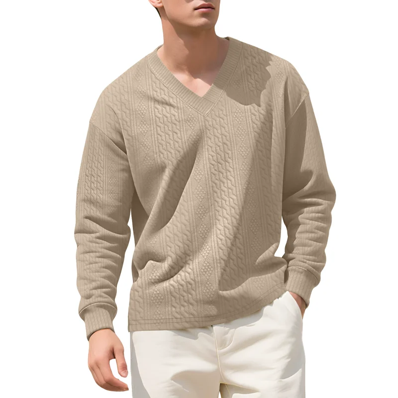 Spring Autumn Loose Long Sleeve Sweatshirts Men Knit Pullovers Casual V-Neck Business Casual Tops Male Solid Pull On Knitwear