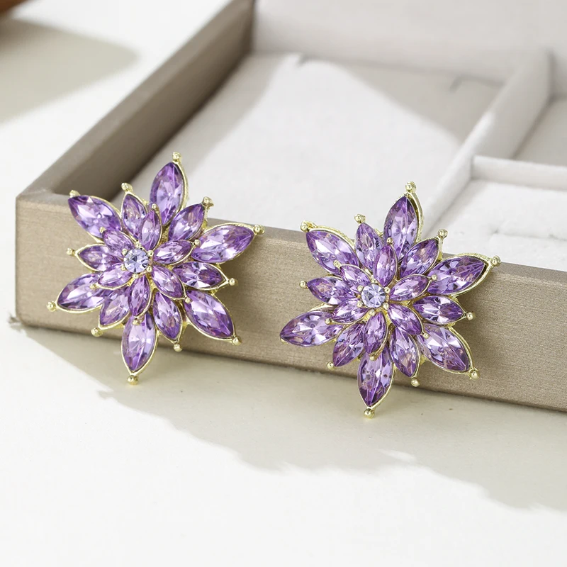 Luxurious Shiny Flower Earrings Multiple Layers Purple Bright Flower Earrings Suitable for Women's Banquets Parties Weddings