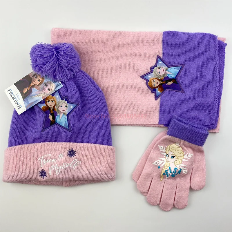 Winter New Disney Princess Knitted 3pcs/Set Girl Hat Scarf Gloves Frozen Princess Elsa Cartoon Children'S Warm Outdoor Kids Gift