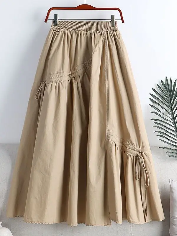 

Long A-Line Skirt with Irregular Strap High Waist Elastic Waist Street Sle Casual High Waist Skirts for Women