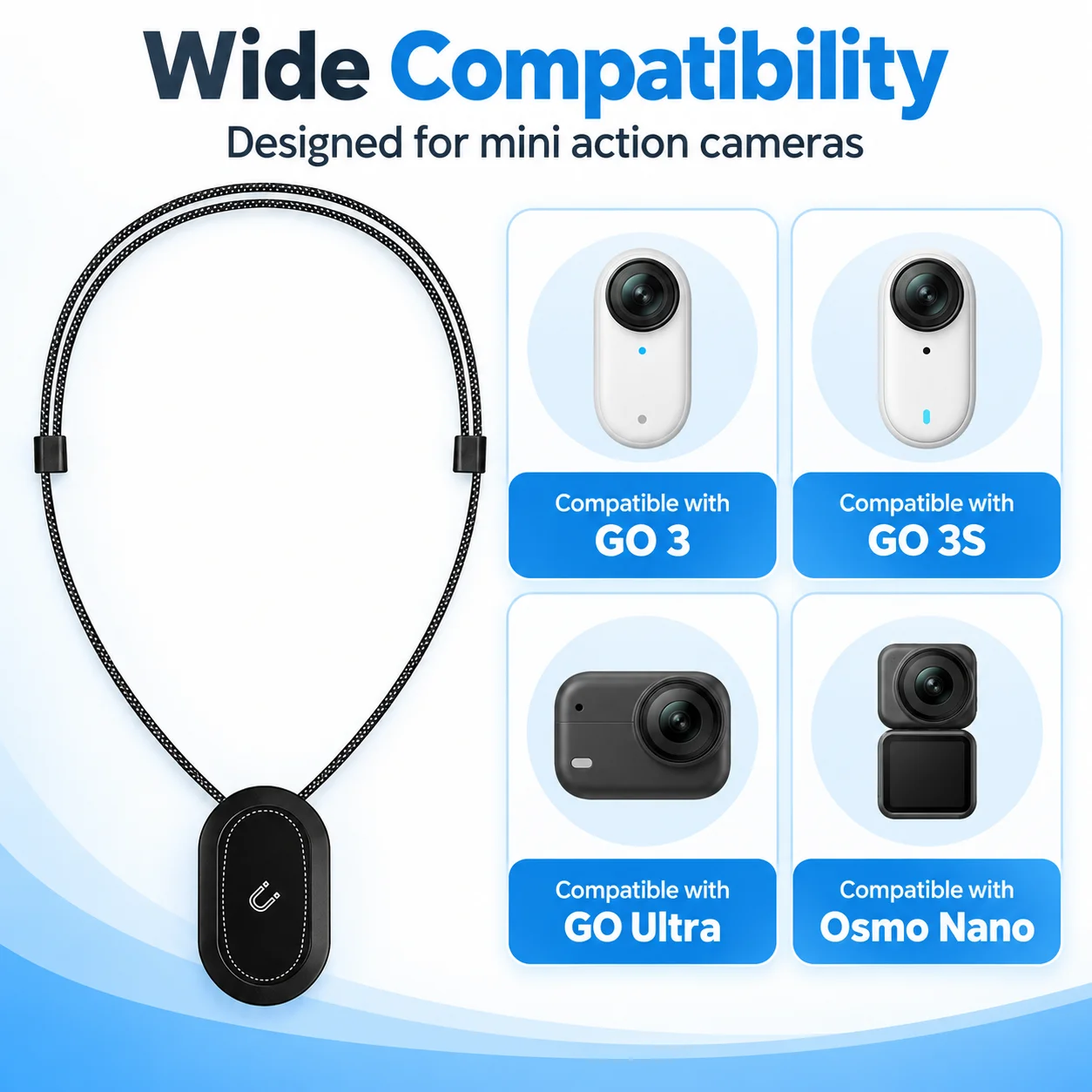 Magnetic Camera Necklace Mount for Insta360 GO 3/GO 3S/GO Ultra, for DJI Osmo Nano, Adjustable Cord, Hands-Free Chest Holder