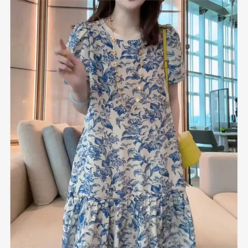 

High-End Vintage Blue And White Porcelain Silk Dr Women's Faion Print Anti-Aging Sli Midi Skirt ort Sve round Ne