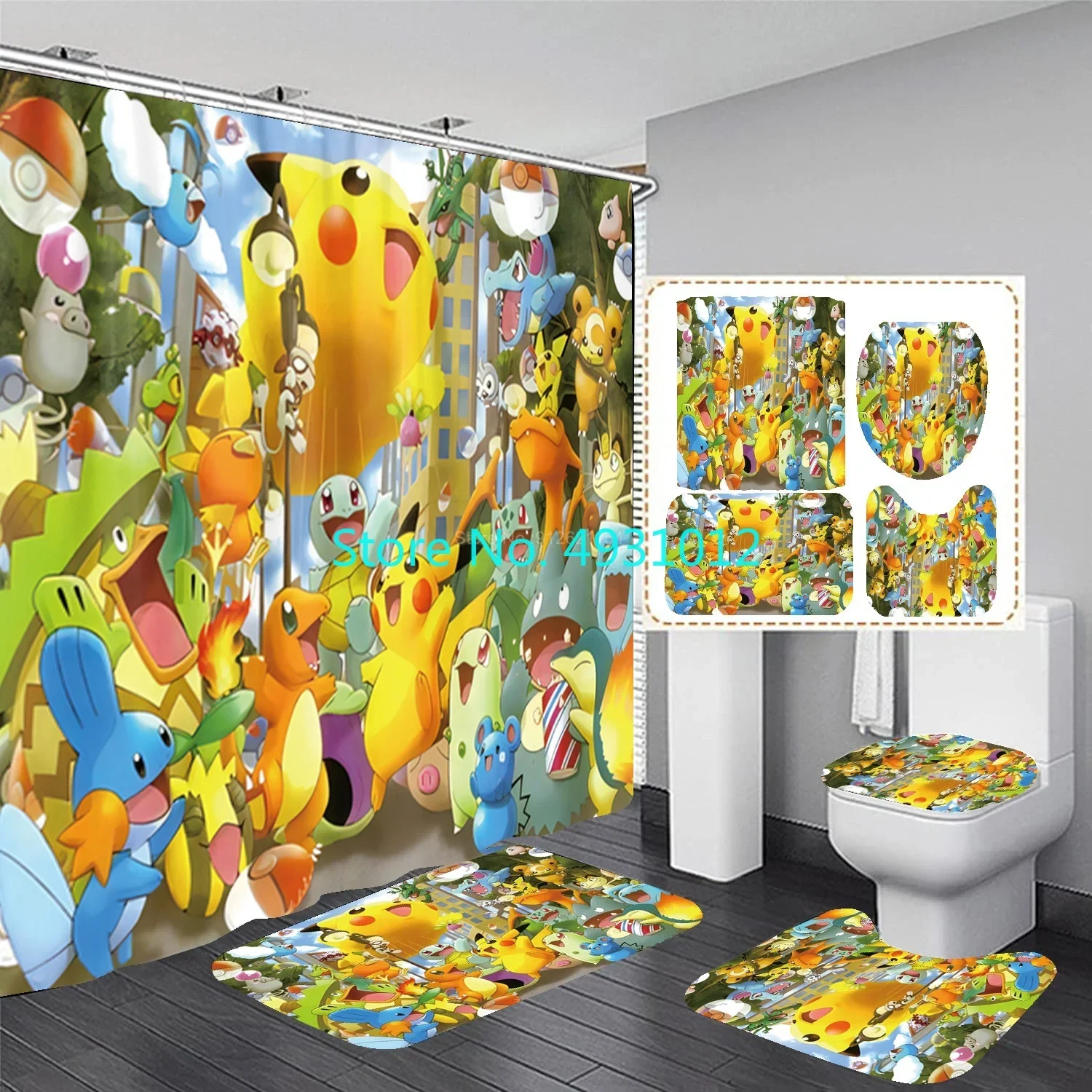 Pikachu Pokemon Anime 3D Printed Non-slip Mat Set Waterproof Funny Shower Curtain Pedestal Toilet Cover Bath Mat Rug