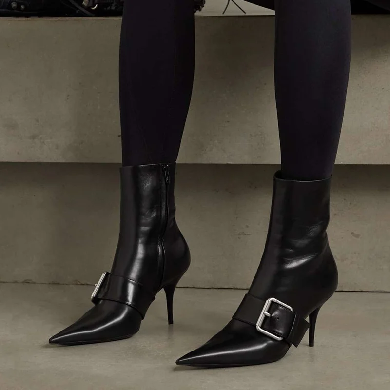 

Matte Leather Metal Buckle Belt Ankle Boots Sexy Pointed Toe Thin Heel Zipper New Arrivlas Fashion Women Modern Boots