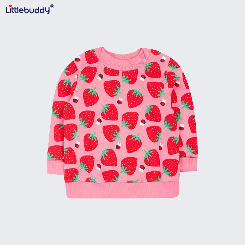 

25Autumn New Style Children's Clothing Cartoon Strawberry Print Round Neck Sweatshirt Girls' Casual Base Shirt