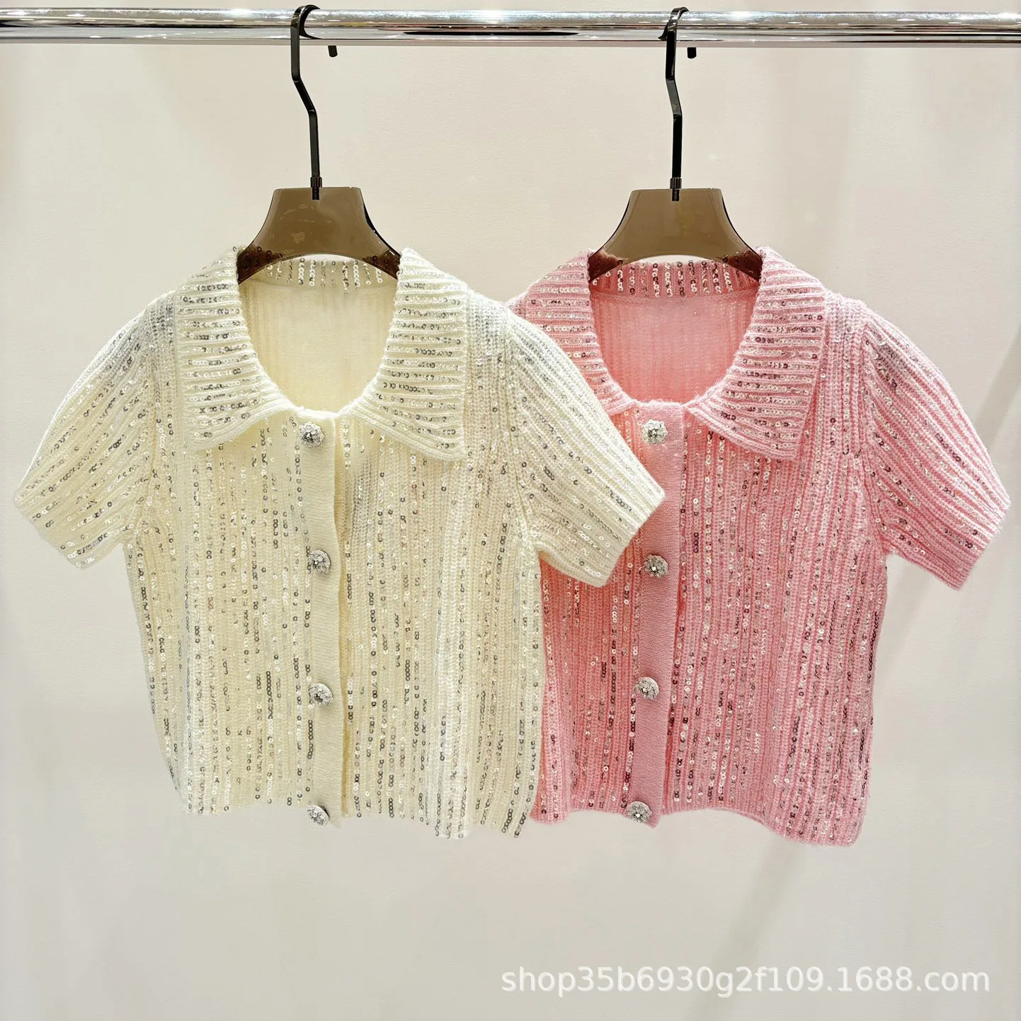

2025 new sequin sweater pink fashion with short sleeve lapel cardigan women's trend sweaters for women