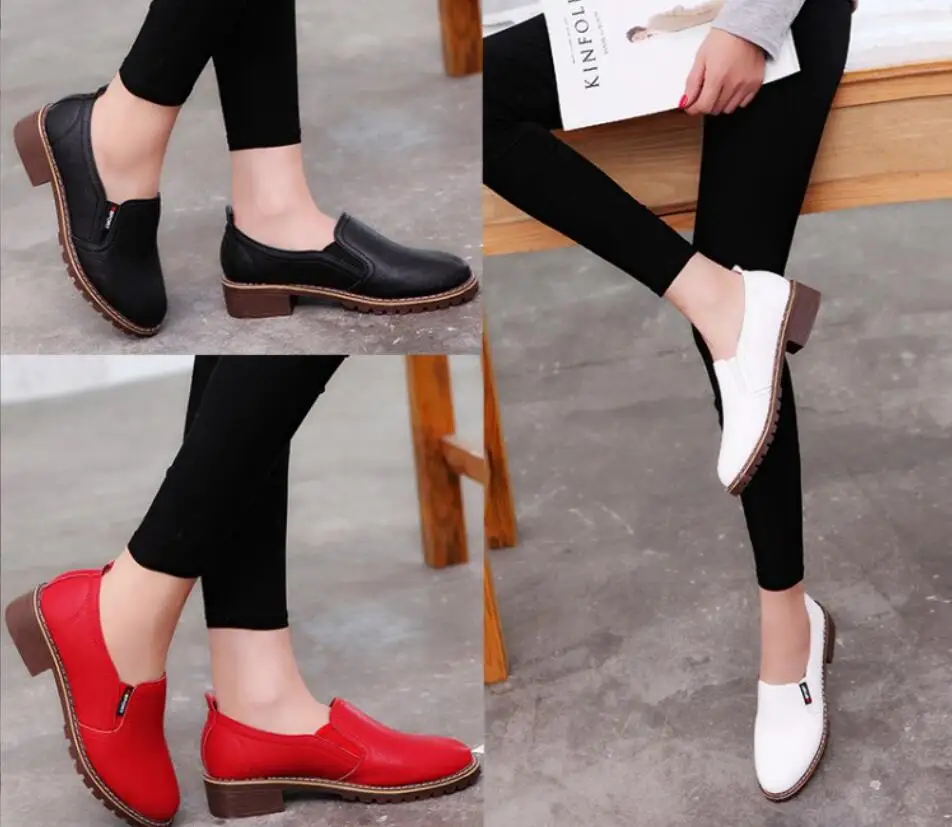 New Spring Autumn Casual High-heeled Shoes Sexy Round head Thick-heeled Thick-soled Black Retro White Red  Women's Shoes Large