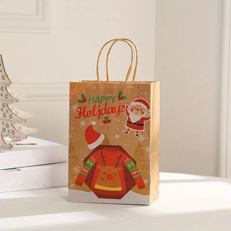 8–48 Stück Weihnachtsserie Kraftpapier-Geschenktüten, Verpackung von Party-Süßigkeitsgeschenken, bedruckte Tragetaschen mit Cartoon-Elch-Schneemann-Weihnachtsbaum – Detail 6